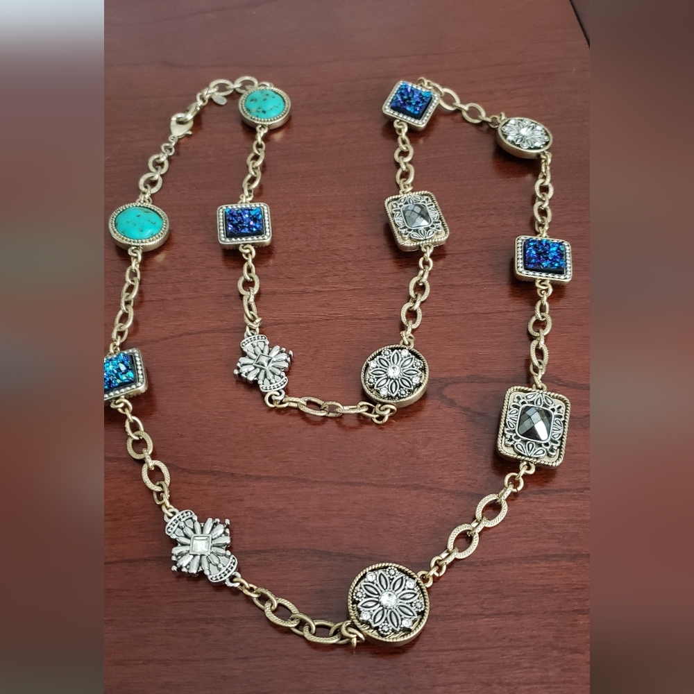 Vintage Premier Design Necklace Blue And Gold Reversible Design 17" Length